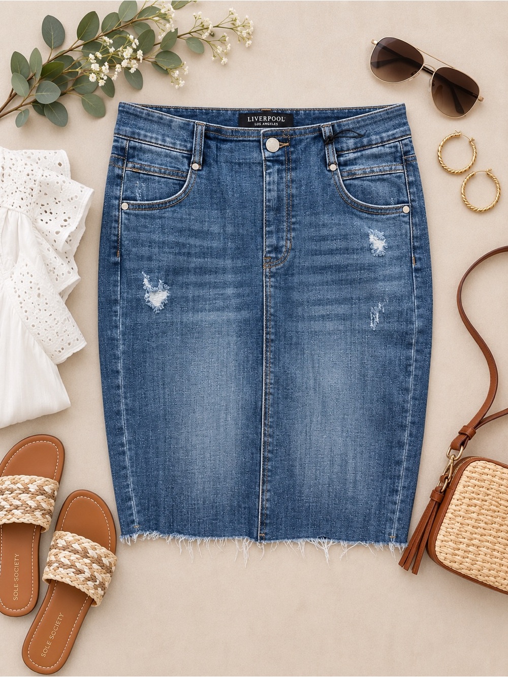 Liverpool Los Angeles Distressed Denim Pencil Skirt Size 12/31